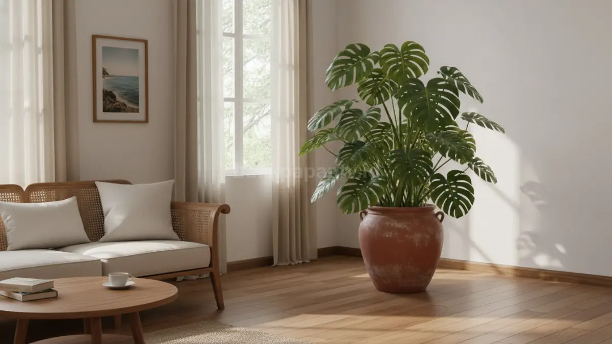 Ilustrasi monstera dalam pot besar di ruang tamu dengan cahaya alami.