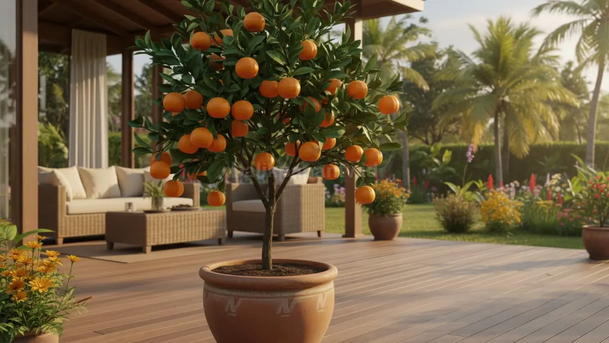 Ilustrasi pohon jeruk dalam pot besar dengan buah menggantung di teras rumah.