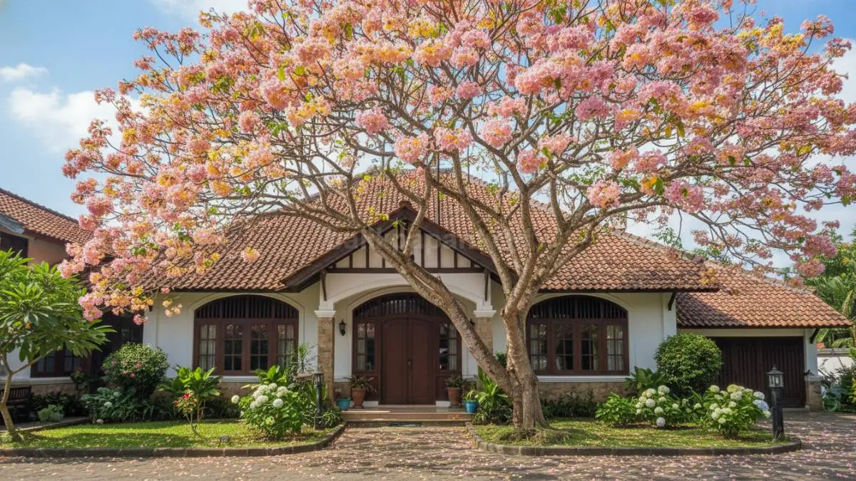 Ilustrasi pohon tabebuya berbunga warna pink yang sedang mekar di depan rumah, terlihat mencolok dan estetik seperti suasana jalan kota.