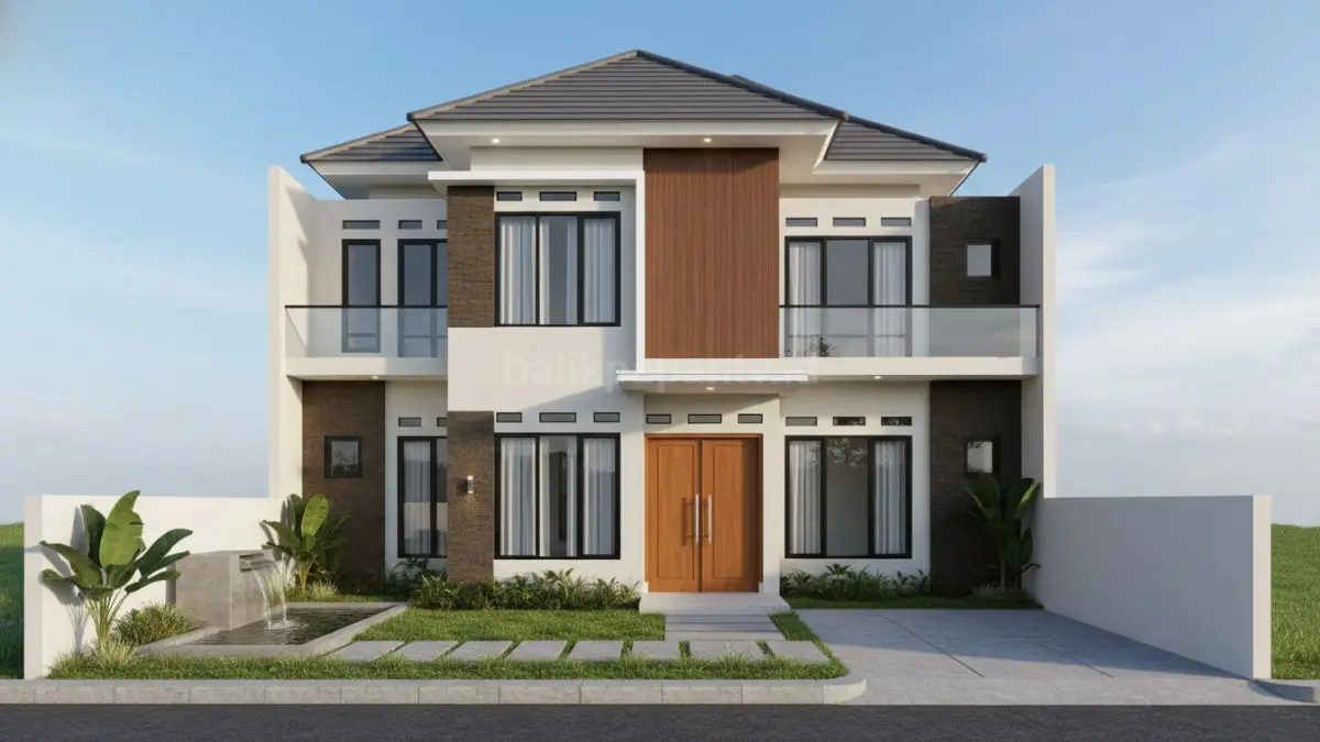Ilustrasi rumah dua lantai dengan atap limasan yang seimbang dan tampilan modern.
