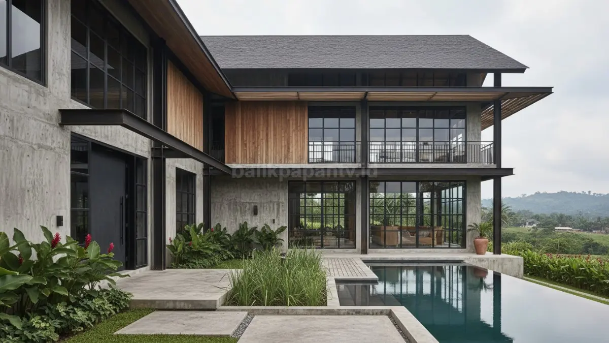 Ilustrasi rumah limasan dengan finishing beton abu-abu dan desain modern industrial.