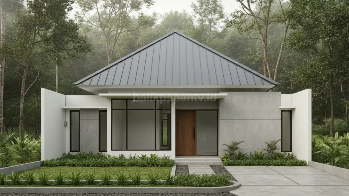 Ilustrasi rumah minimalis satu lantai dengan atap limasan, warna netral seperti putih dan abu-abu, tampilan simpel dan rapi di lahan terbatas.