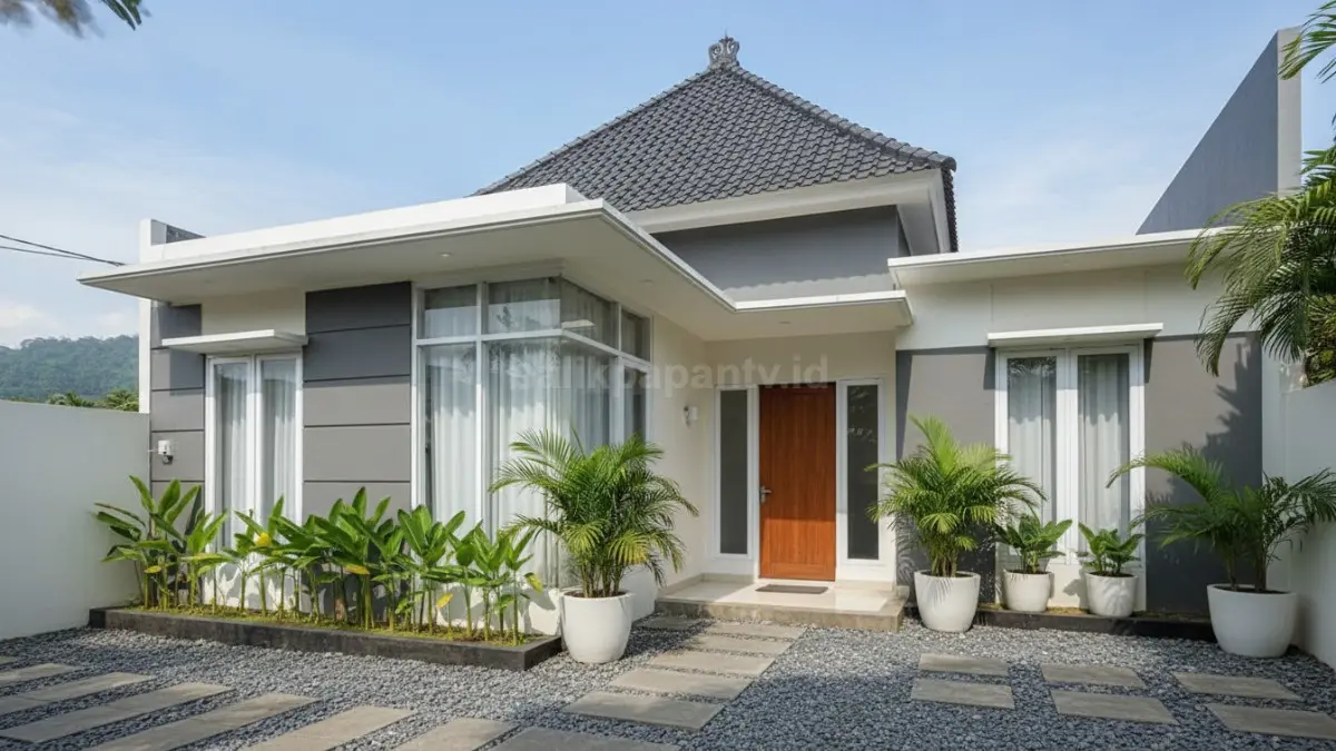 Ilustrasi rumah satu lantai dengan atap limasan, warna putih abu-abu, tampilan minimalis dan rapi.