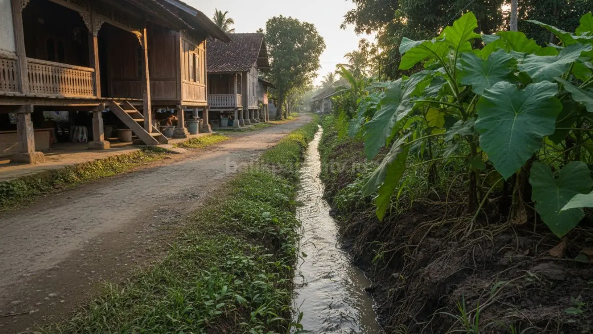 Tampilan pinggir selokan rumah dengan tanah lembap dan sedikit genangan air, ditumbuhi tanaman hijau yang tumbuh subur di sepanjang sisi saluran. Terlihat akar tanaman menahan tanah agar tidak longsor, sementara daun-daun membantu mengurangi percikan air, menunjukkan fungsi estetika sekaligus menjaga kondisi lingkungan tetap rapi dan stabil.