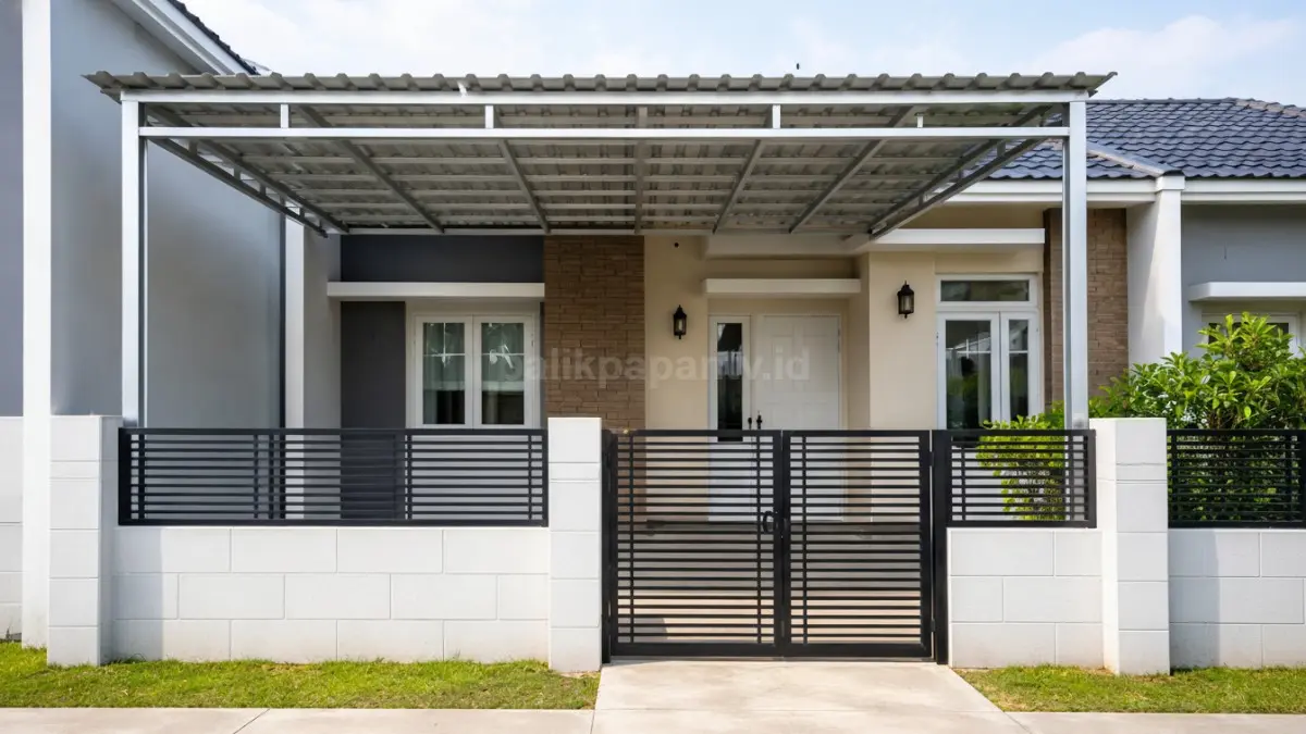 Kombinasi pagar hebel dan besi hollow dengan kanopi baja ringan di rumah minimalis.