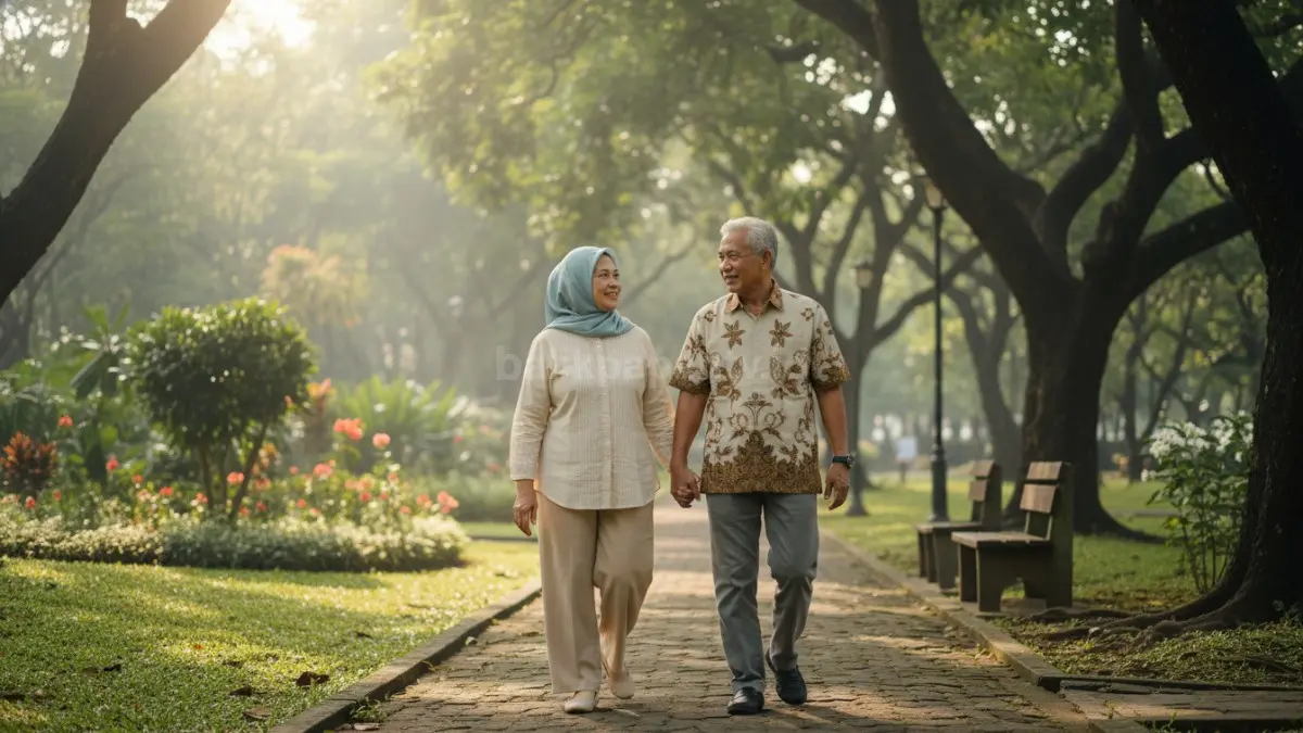  lansia berjalan santai di taman dengan pepohonan hijau dan suasana pagi cerah.
