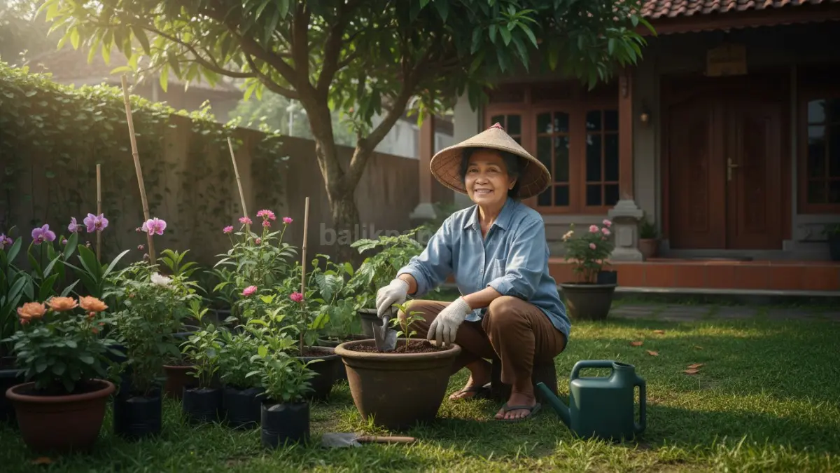 lansia sedang menanam tanaman dihalaman rumah