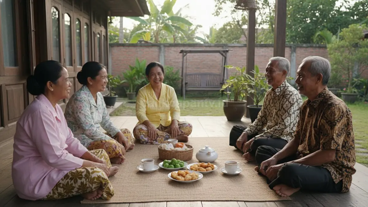 lustrasi lansia berbincang santai bersama teman-teman di teras rumah atau balai warga.