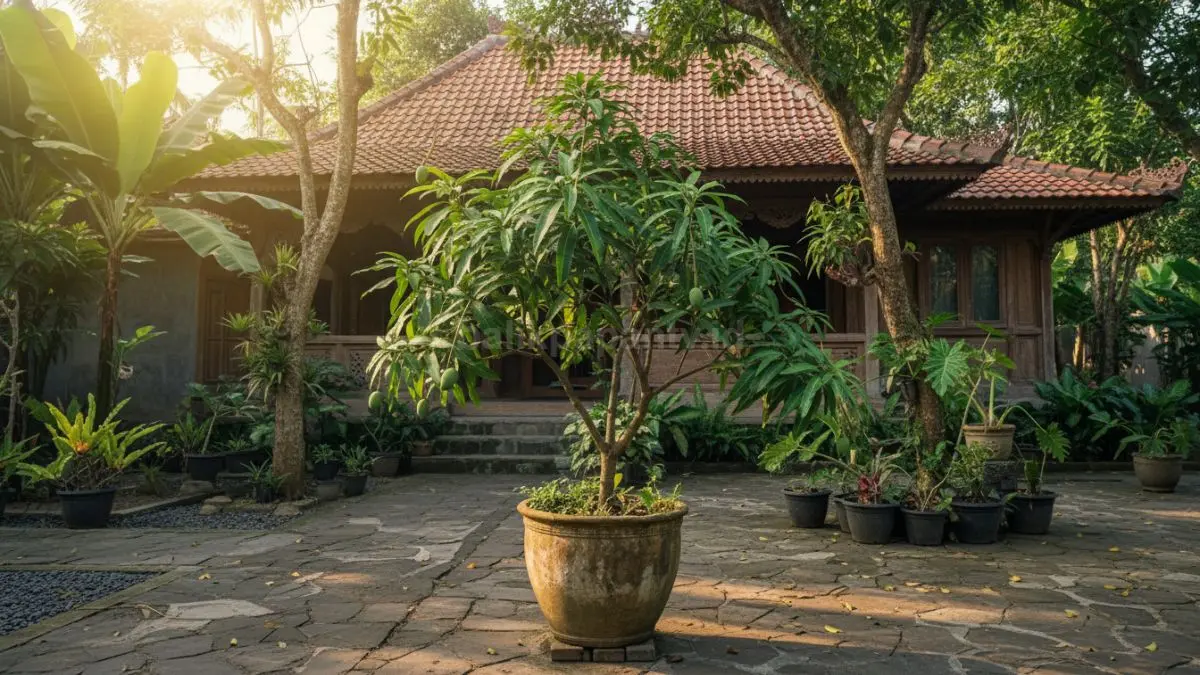 lustrasi mangga mini dalam pot besar dengan daun rimbun di halaman rumah.