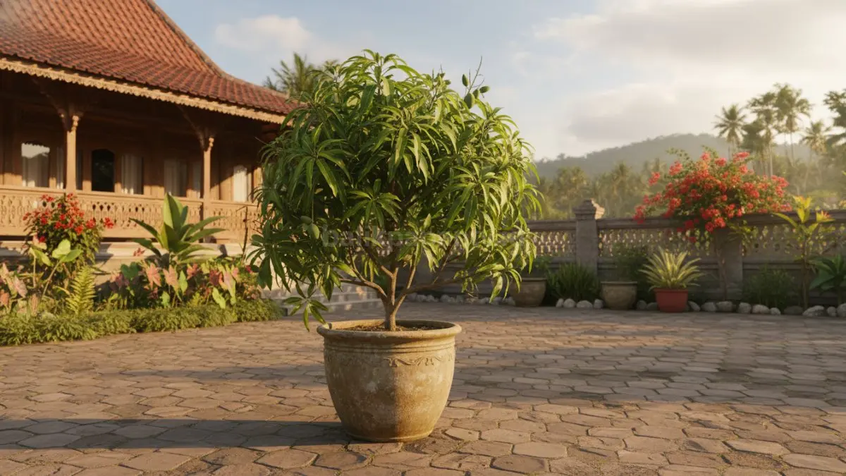 lustrasi mangga mini dalam pot besar dengan daun rimbun di halaman rumah.