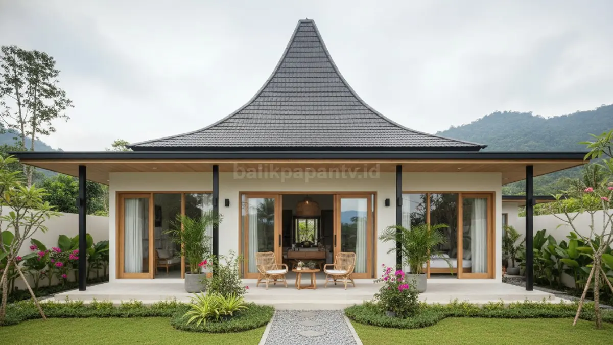 lustrasi rumah atap limasan dengan teras depan lebar, dilengkapi kursi santai dan tanaman hias di sekitarnya.