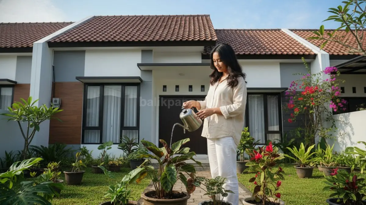 lustrasi teko dapur digunakan menyiram tanaman dengan aliran air stabil.