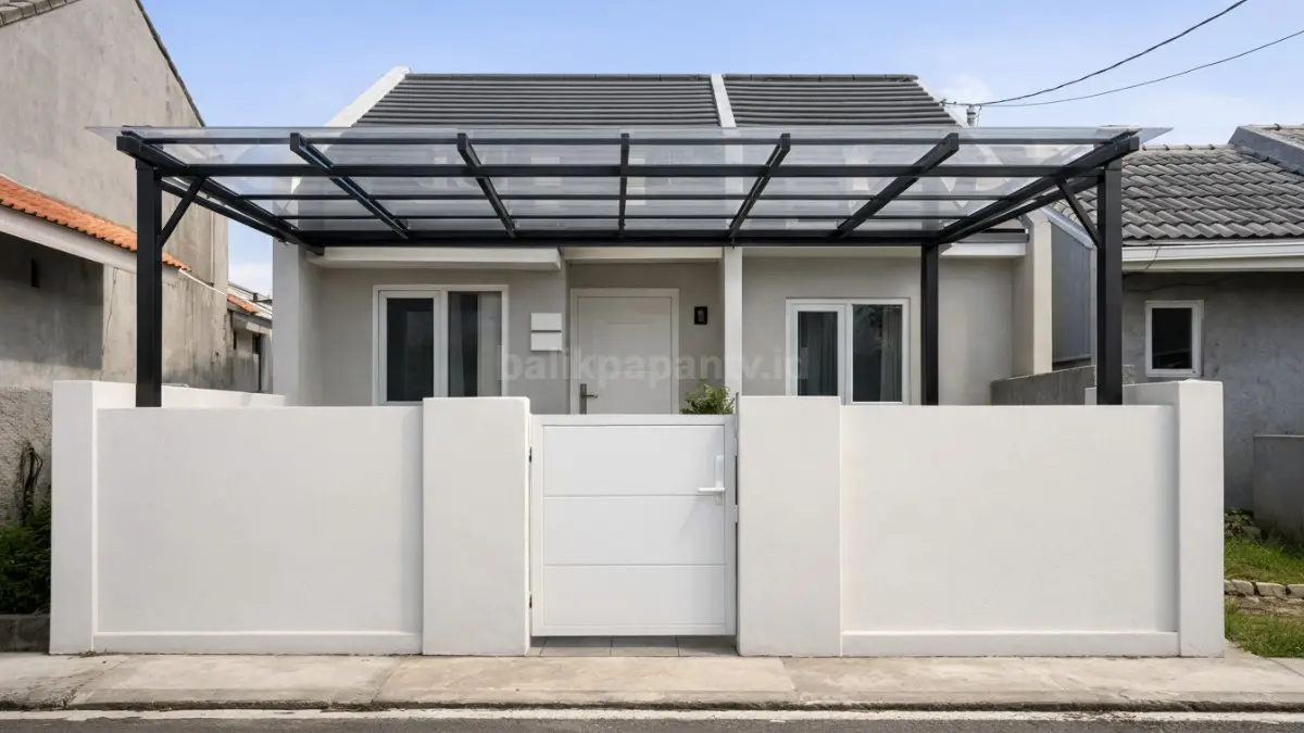Pagar hebel polos dengan kanopi transparan di rumah minimalis.
