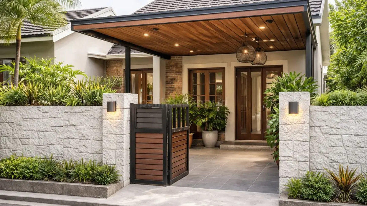 Pagar hebel tekstur alami dengan kanopi kayu sintetis di rumah minimalis.