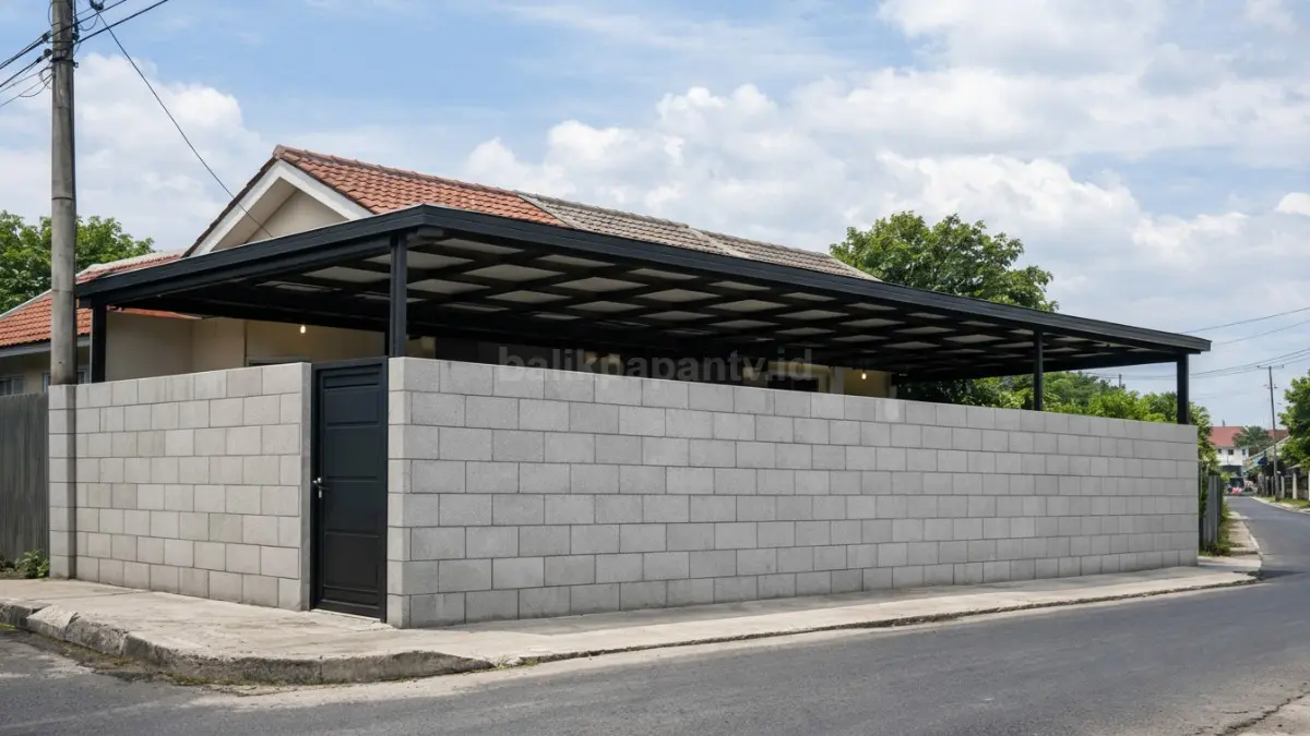 Pagar hebel tinggi dengan kanopi full cover di rumah minimalis.
