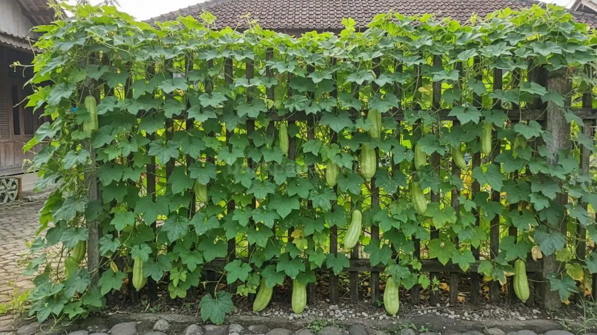Pagar rumah dipenuhi tanaman rambat seperti pare, buah menggantung di sela daun, terlihat hijau dan berfungsi sebagai pembatas alami
