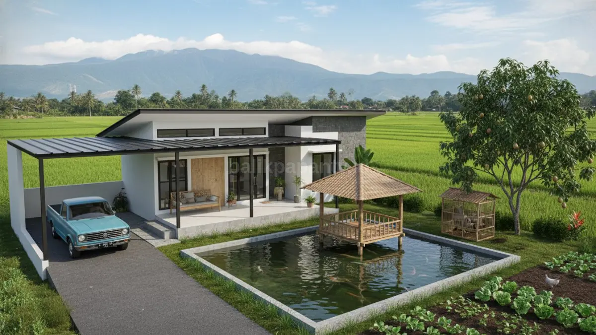 Rumah dengan teras lebar menyatu atap