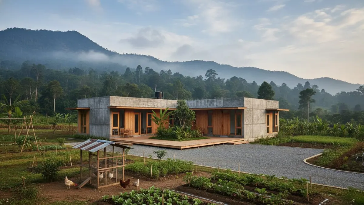 Rumah L-shape terbuka yang memanfaatkan sudut untuk taman kecil. Kayu digunakan di area teras dan jendela untuk kesan hangat.