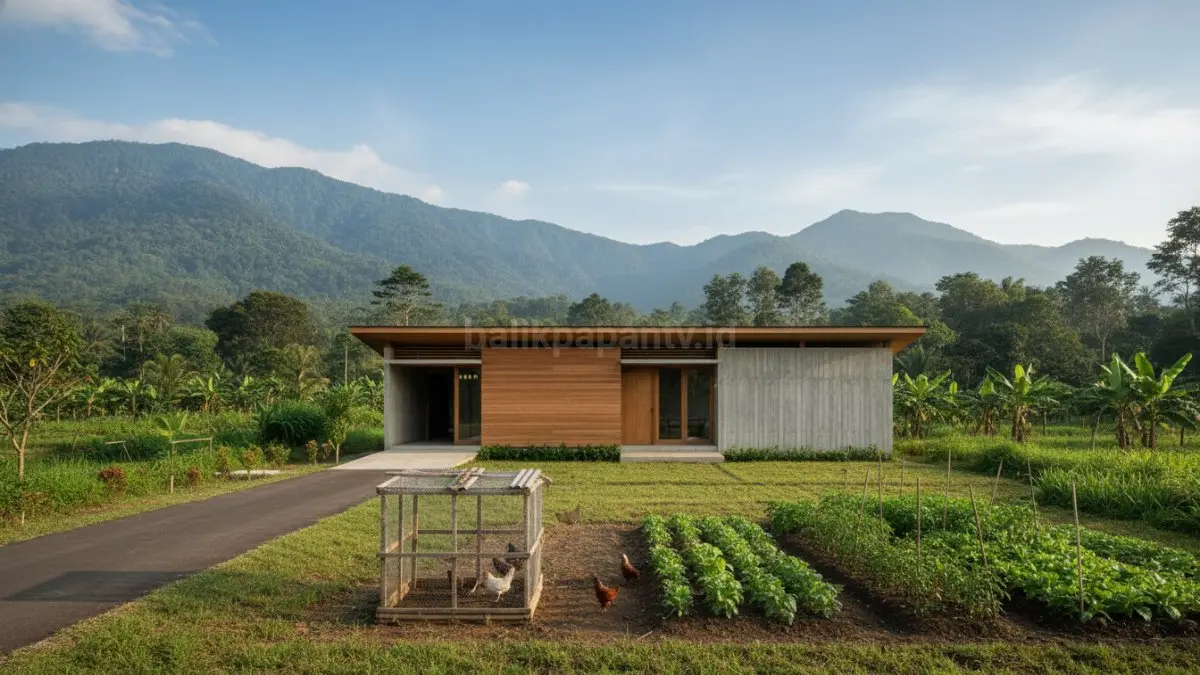 Rumah linear satu lantai dengan fasad kayu horizontal.
