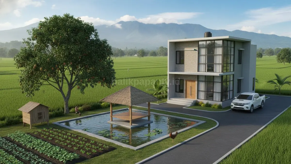 Rumah minimalis atap datar di desa dengan desain modern sederhana dan halaman luas