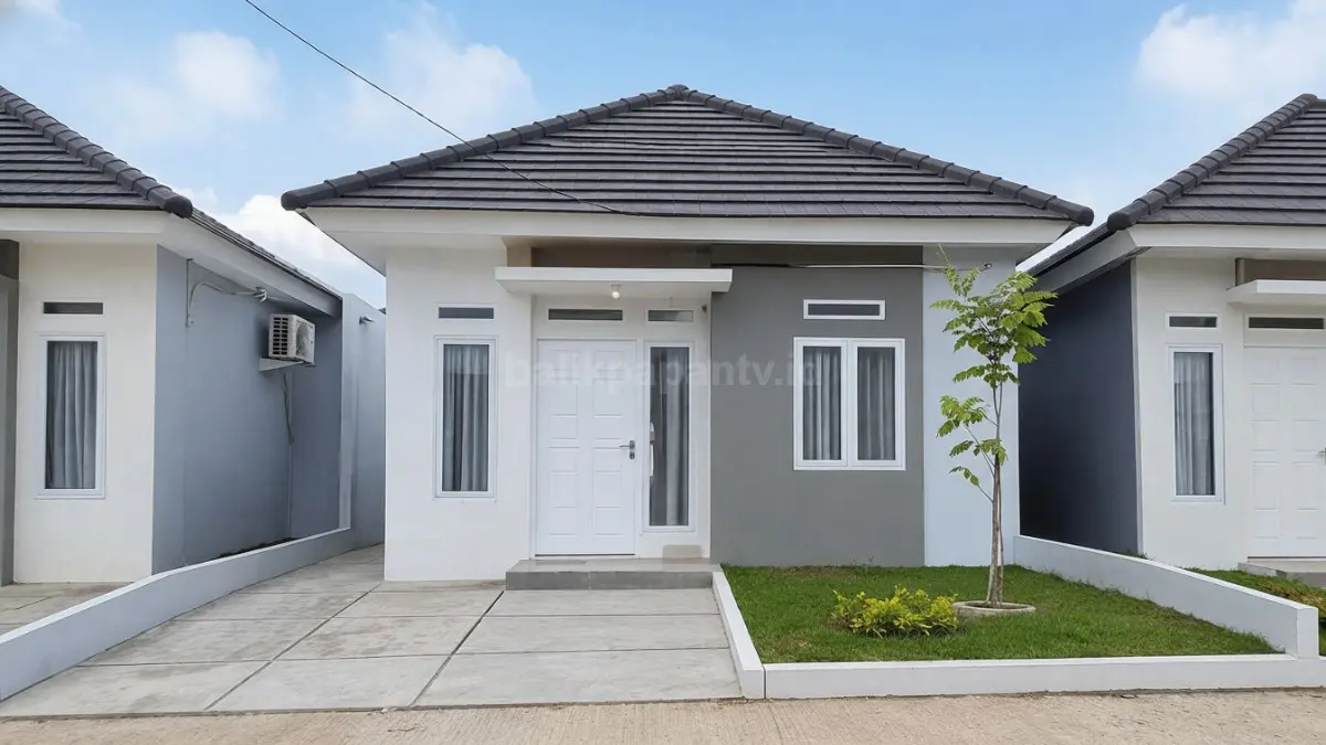 Rumah minimalis atap limasan dengan fasad polos.