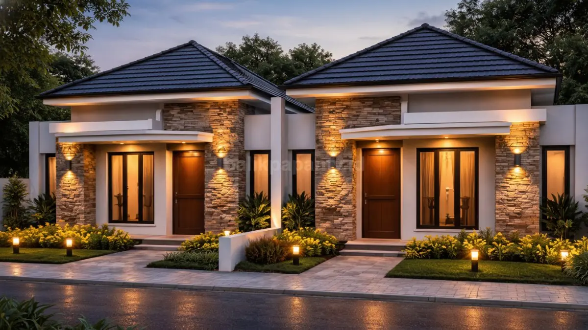 Rumah minimalis atap limasan dengan kombinasi batu alam.