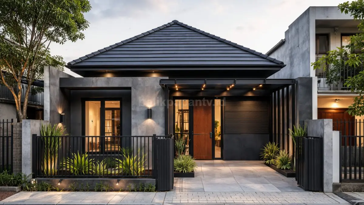 Rumah minimalis atap limasan industrial.