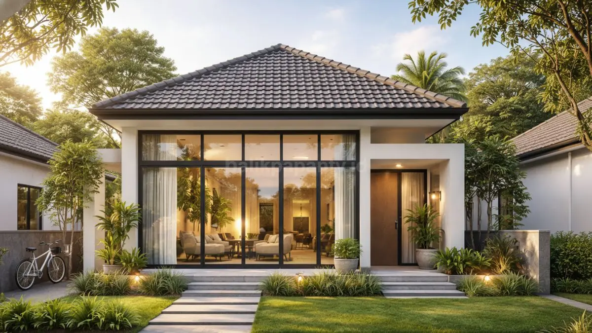 Rumah minimalis atap limasan modern dengan kaca lebar.