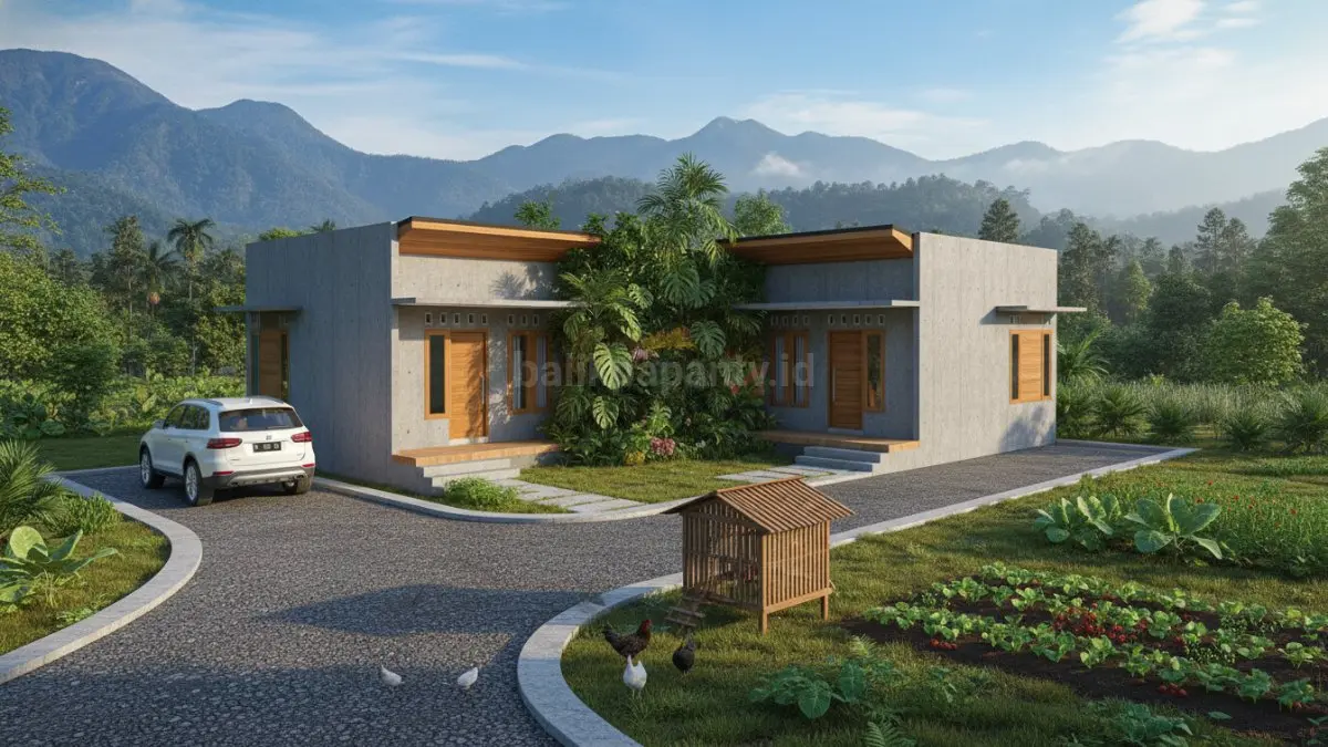 Rumah minimalis desa dengan kombinasi tembok beton dan kayu alami tampak hangat dan modern