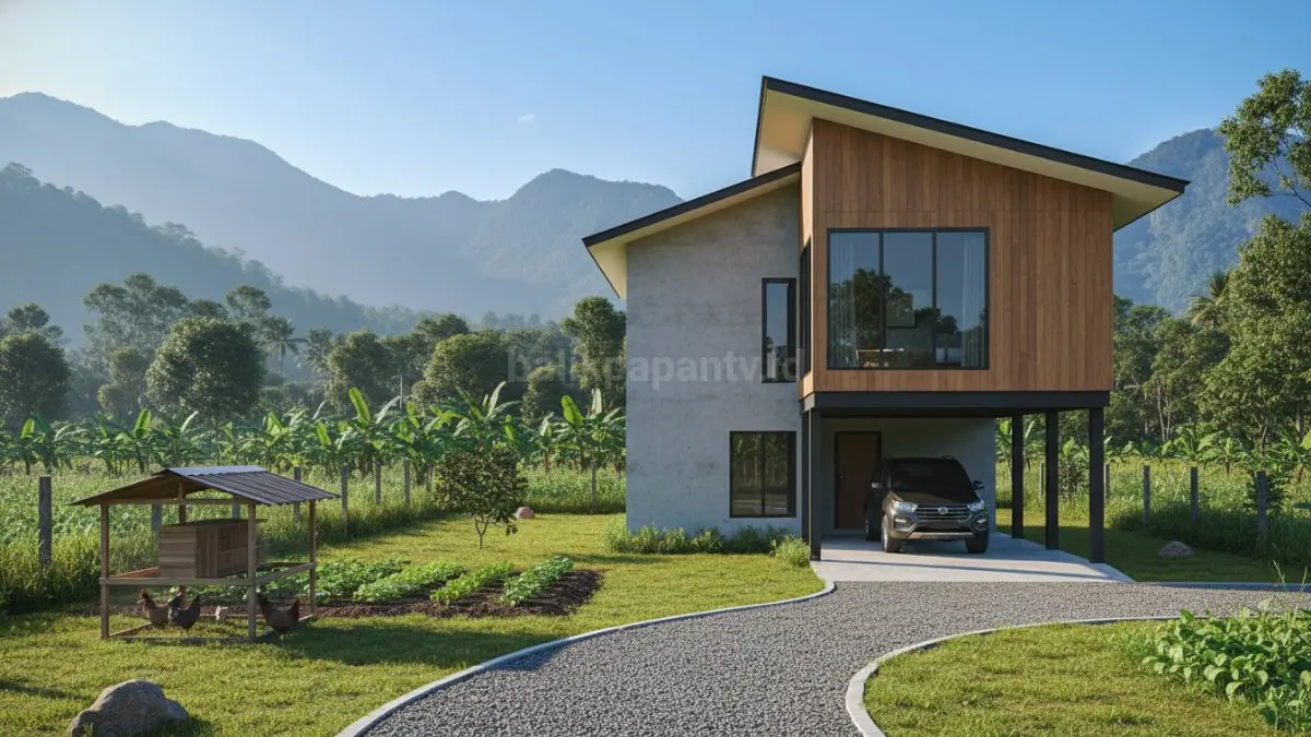 Rumah panggung modern dengan dinding kombinasi beton bawah dan kayu atas