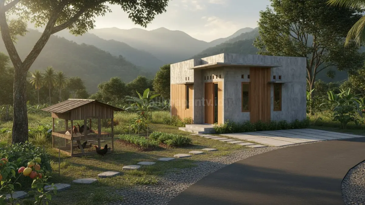 Rumah semi-industrial desa dengan kombinasi beton ekspos dan panel kayu.