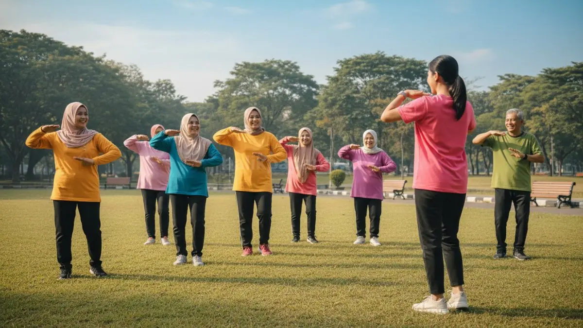  sekelompok lansia melakukan senam ringan di lapangan terbuka dengan gerakan sederhana dan penuh semangat.