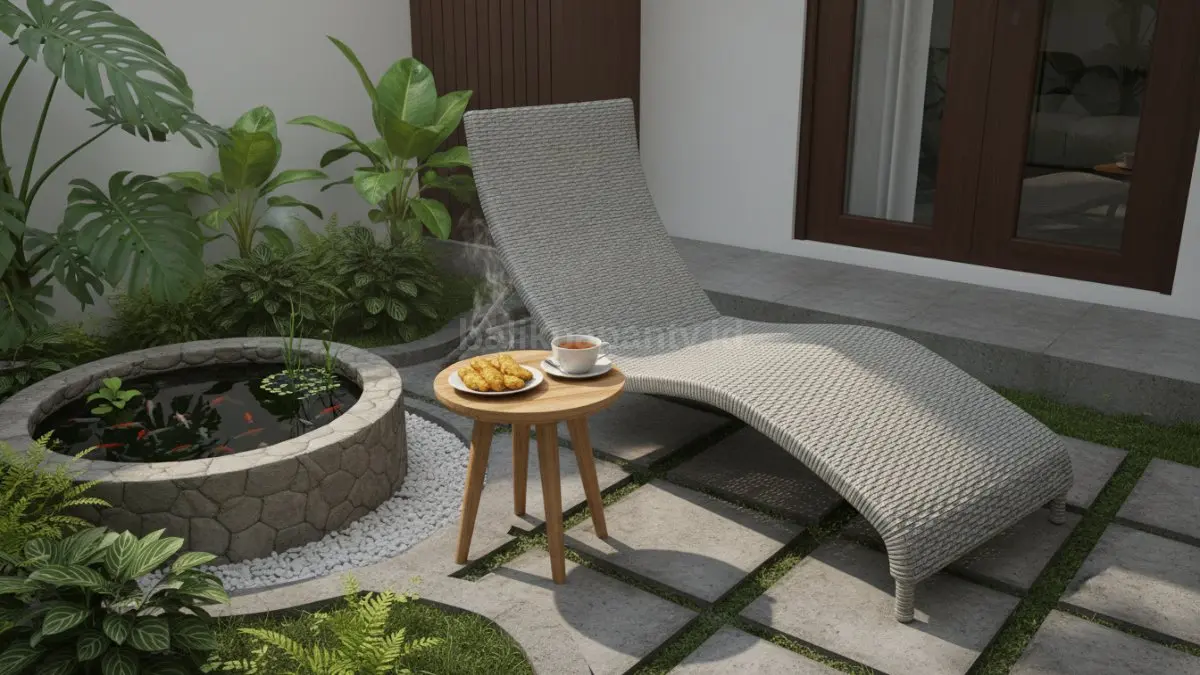 Taman rumah kecil dengan kursi minimalis yang nyaman untuk aktivitas harian