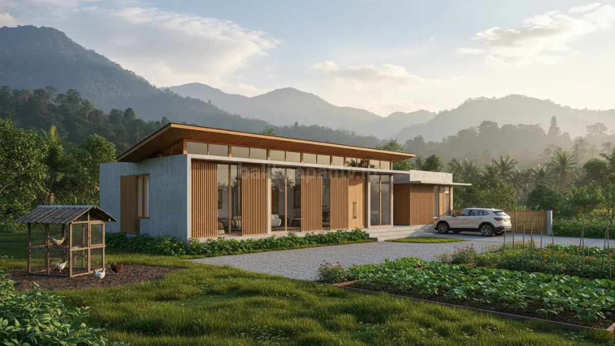 Tampilan fasad rumah dengan panel kayu horizontal dan ventilasi terbuka