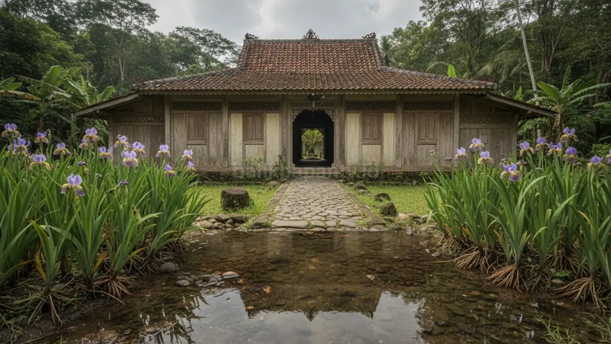 Tanaman iris dengan bunga ungu atau kuning tumbuh di tanah basah dekat aliran air, sebagian akar terlihat berada di area yang sedikit tergenang.