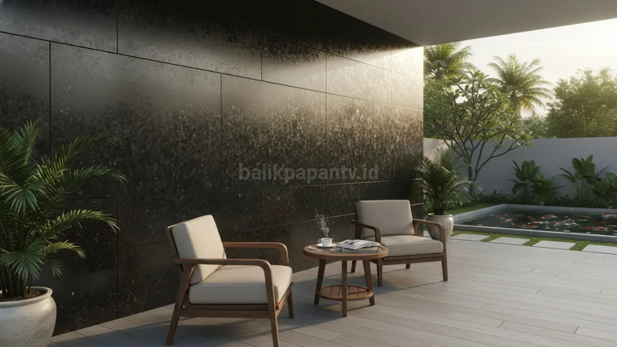 Teras rumah dengan dinding batu granit Panel besar tanpa sambungan mencolok