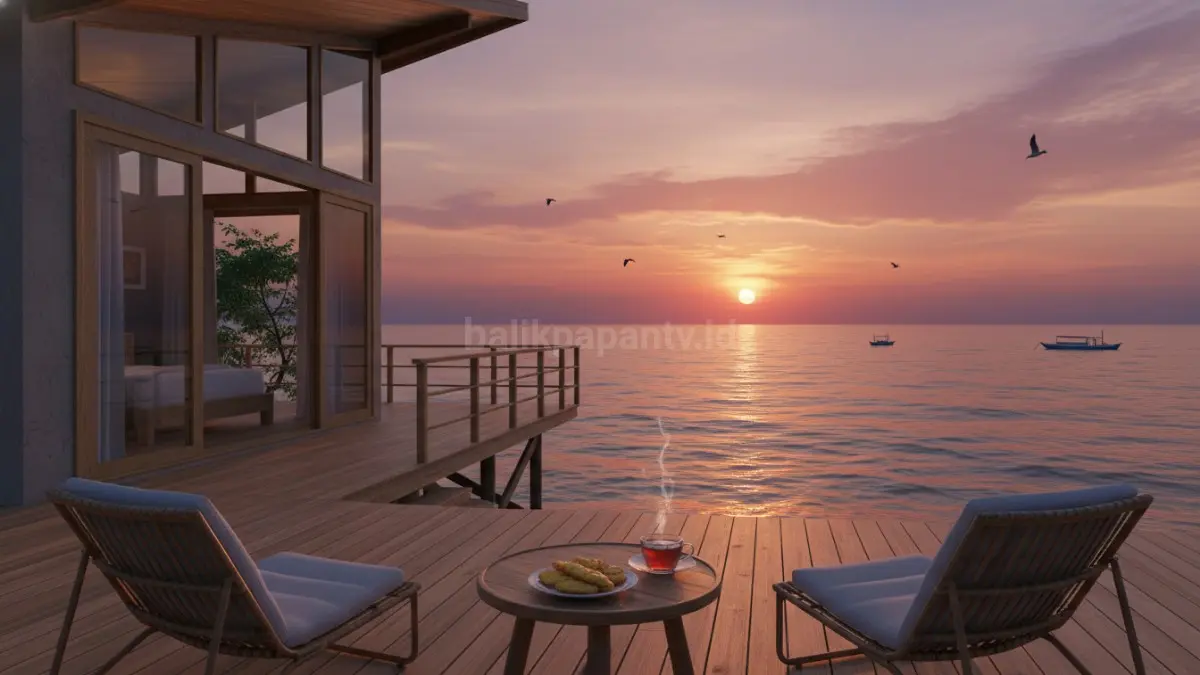 Rumah pantai modern dengan teras menghadap sunset, suasana hangat dan estetik