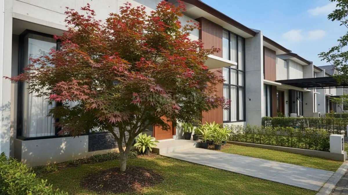“Japanese Maple atau Acer palmatum adalah pohon hias yang cantik dan elegan, daun merah atau hijau gelapnya bikin halaman rumah terasa asri. Low maintenance, hanya butuh penyiraman rutin, tanah cukup subur, dan bisa tahan berbagai kondisi cuaca, cocok buat halaman rumah minimalis atau cluster.”