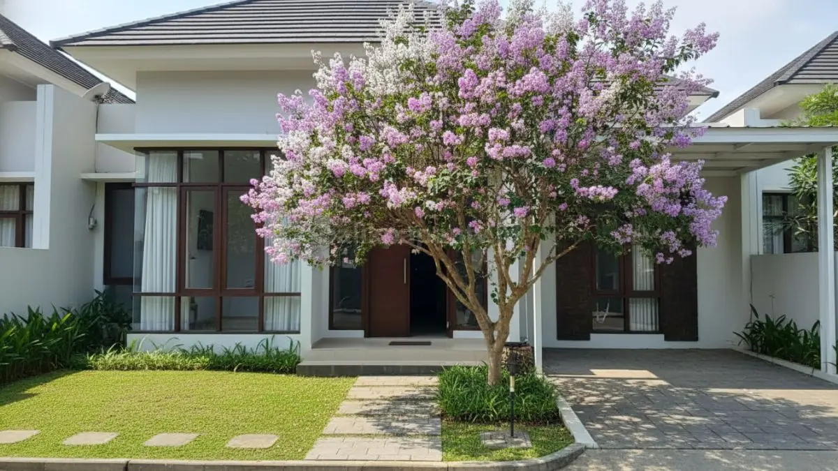 “Crape Myrtle atau Lagerstroemia indica adalah pohon bunga yang cerah dan menarik, bunga ungu, merah, atau putihnya muncul saat musim panas. Low maintenance, tahan panas dan hujan, pertumbuhan cepat, cocok buat halaman rumah kecil hingga cluster modern, bikin tampilan halaman lebih hidup dan berwarna.”