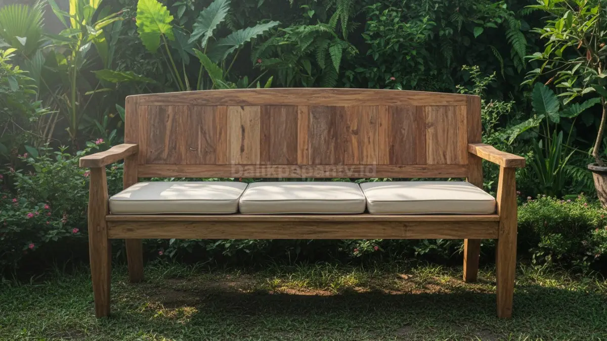 Bangku kayu bekas di taman rumah dengan bantalan tipis berwarna krem. Latar belakang terlihat tanaman hijau dan cahaya matahari pagi. Kayu tampak alami dan sedikit kasar, memberi kesan hangat.