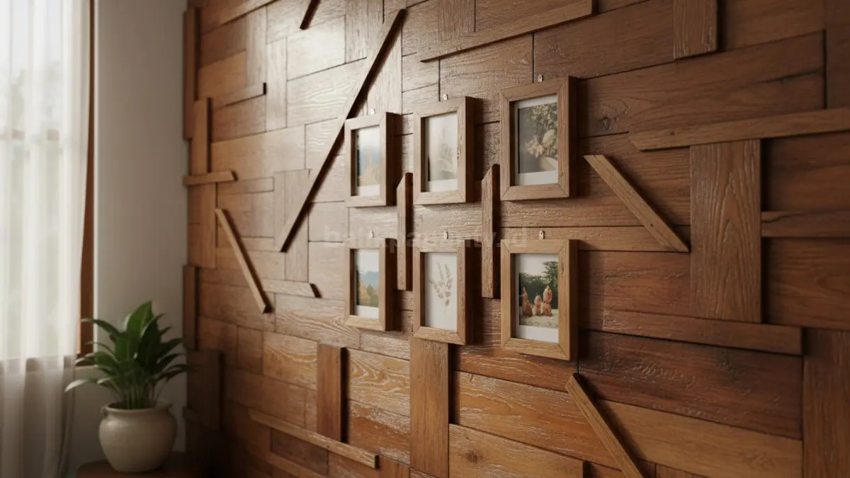 Beberapa potongan kayu bekas disusun membentuk pola geometris di dinding kamar. Beberapa frame kecil menempel untuk menaruh foto atau hiasan mini. Warna kayu dipertahankan natural dengan finishing transparan.