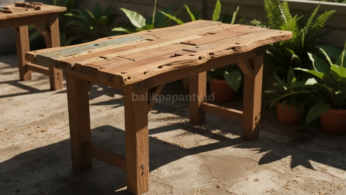 Berbagai potongan kayu bekas disusun menjadi meja sederhana dengan tampilan estetik natural