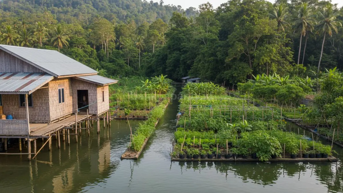 Di belakang rumah, aliran air kecil membentuk saluran irigasi sederhana, menyuburkan kebun sayur dan tanaman lokal, menjadi solusi agrikultur rumahan yang mandiri.