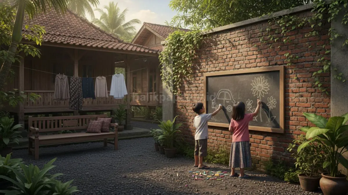 Dinding halaman dilengkapi papan gambar atau papan tulis, anak mencoret dan menggambar dengan kapur warna.