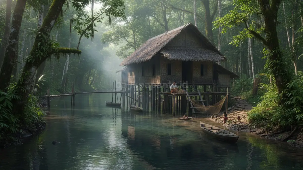
Gambar rumah desa dekat sungai ini menampilkan kehidupan yang tenang, jauh dari hiruk-pikuk kota, di mana suara air mengalir menjadi musik sehari-hari