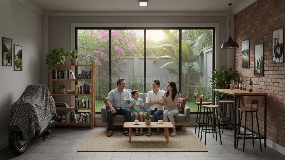 Garasi diubah menjadi ruang bersantai dengan sofa kecil, rak buku, dan bar mini. Suasana hangout keluarga tetap nyaman meski berada di garasi.