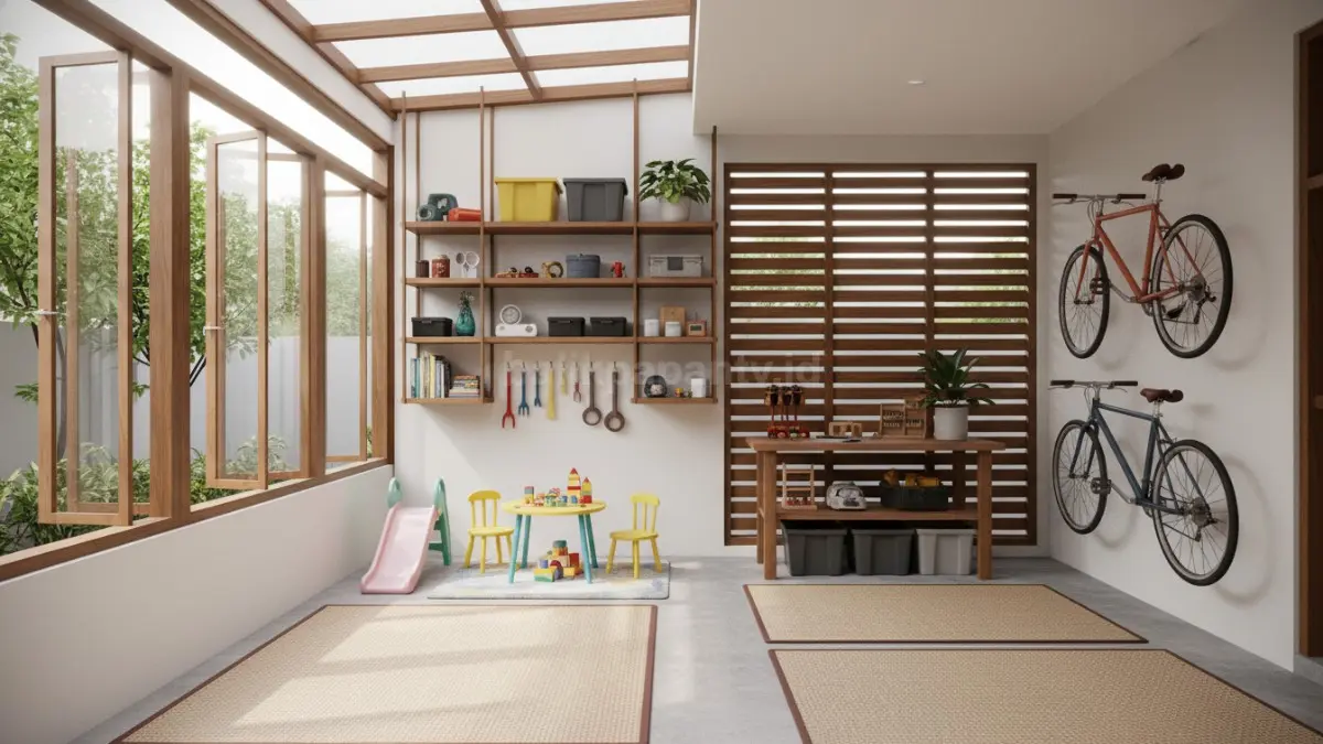 Garasi rumah dengan pencahayaan alami, ventilasi cukup, dilengkapi rak gantung dan area bermain anak.