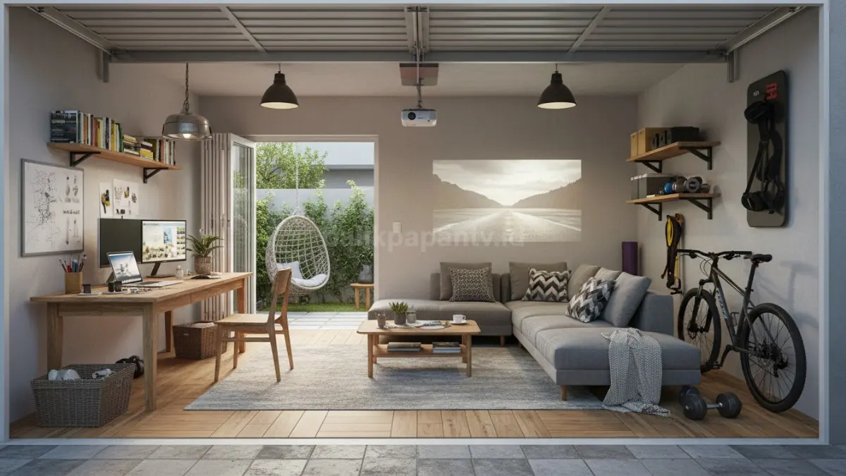 Garasi rumah yang diubah jadi ruang multifungsi nyaman untuk kerja, kreatif, dan santai.