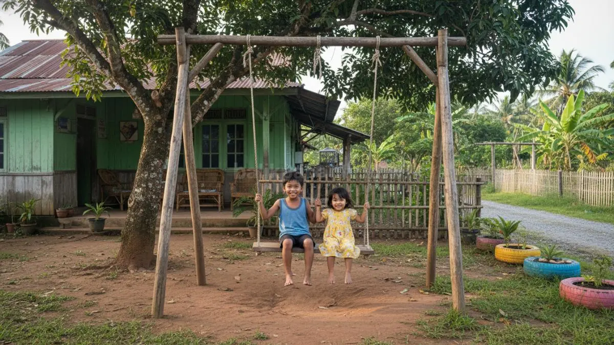 Halaman dengan ayunan kayu yang digantung di rangka sederhana, anak bermain dengan aman di area tersebut.