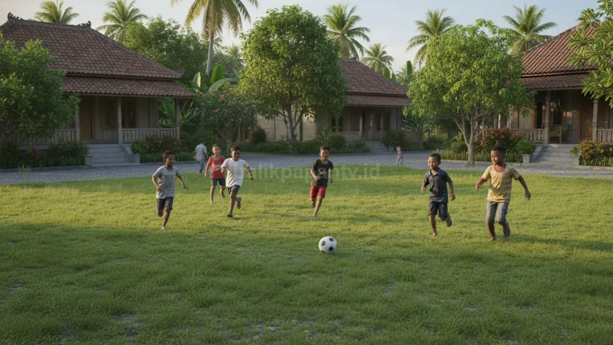 Halaman dengan rumput hijau luas, anak berlari dan bermain bola dengan bebas di area terbuka.